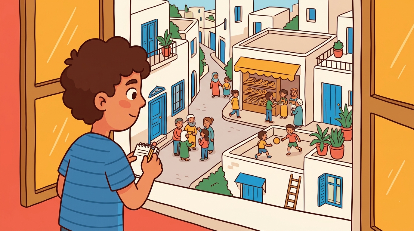 Sami à la fenêtre de sa chambre, carnet et crayon à la main, observe la rue animée de son quartier avec une boulangerie et des enfants qui jouent
